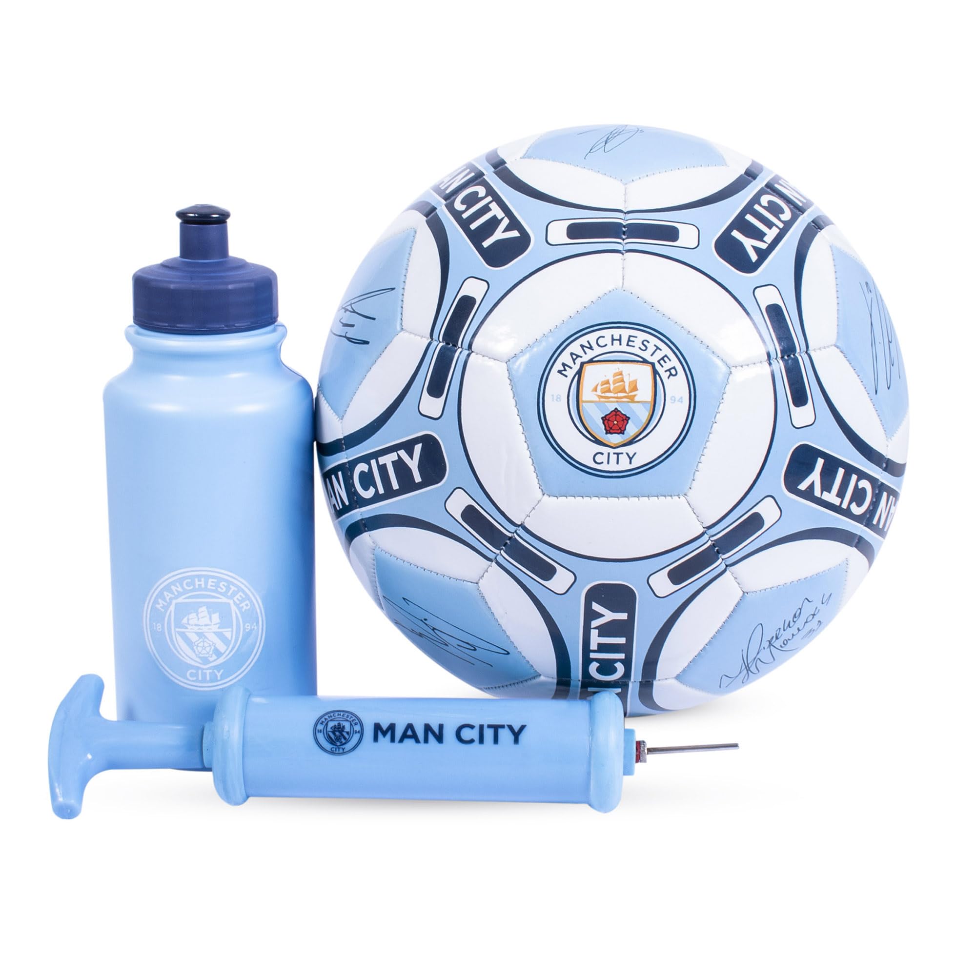 Hy-Pro Officially Licensed Manchester City F.C. Signature Football Gift Set - 32 Patch Football Design with Water Bottle - Size 5