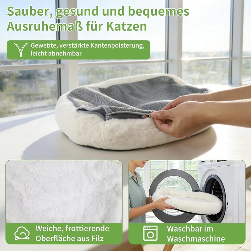 Katzen Fensterliege Hängematte mit Tierhaarentferner Handschuh, Katzen Hängematte mit Abnehmbarem 4-Seiten-Polster & Metallrahmen, Cat Hammock für Große Cat & Kätzchen (Weiß, Größe M)