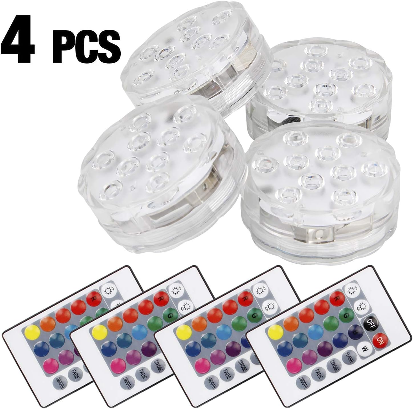 Submersible LED Lights with Remote Controlled, Mopalwin Submersible Pool Led Lights 10-LED RGB Waterproof 4 Pack for Bath Tub, Party, Christmas, Halloween, Swimming Pool Lights(4 Pcs)