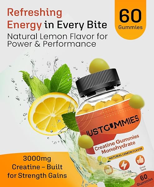 JUSTGUMMIES CREATINE MONOHYDRATE GUMMIES 3000 MG PER SERVING | CREATINE INFUSED GUMMIES TO INCREASE STRENGTH AND BUILD MUSCLE, VEGAN, LEMON FLAVOR, 60 COUNT