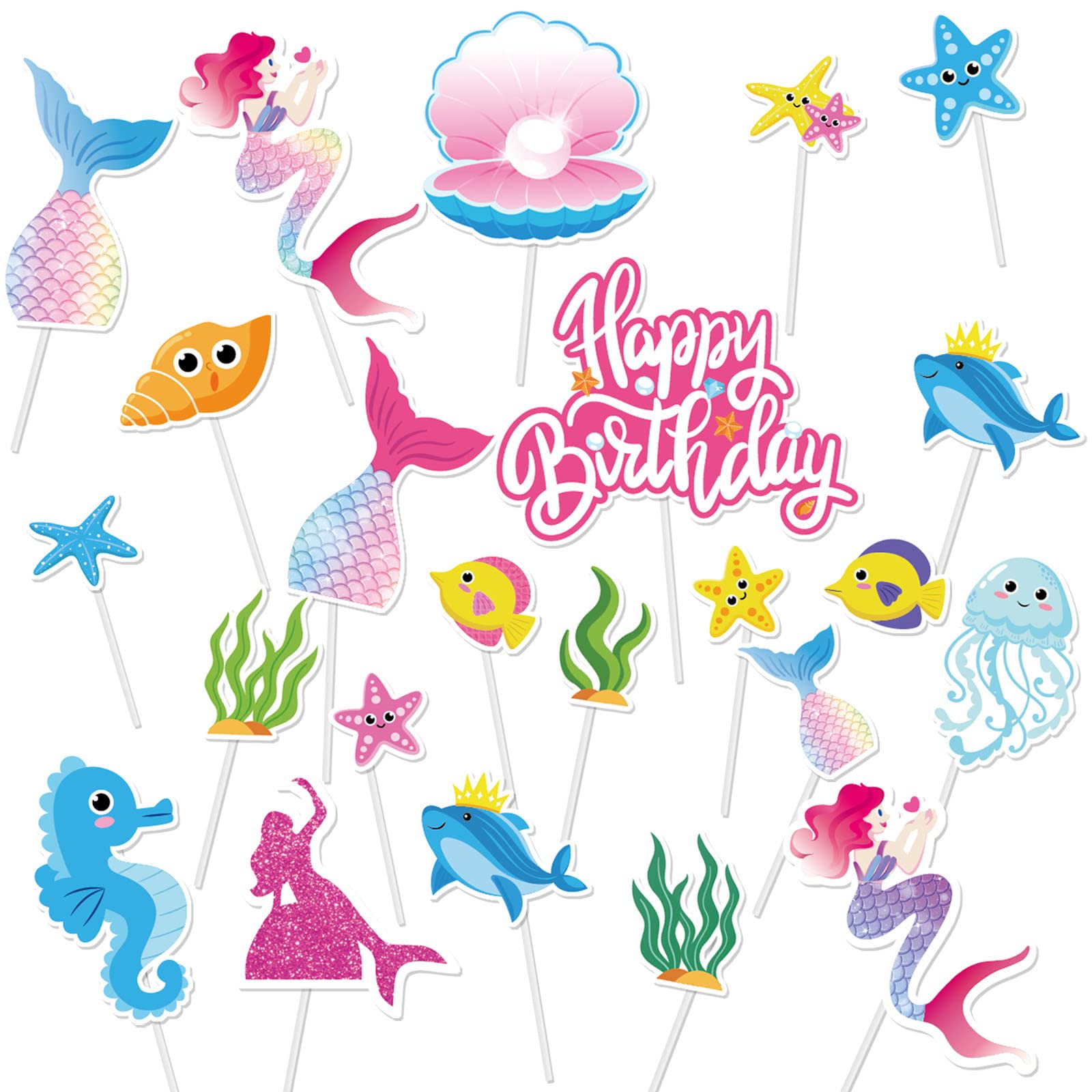 DPKOW 23pcs Mermaid Birthday Cake Toppers Decorations, Glitter Happy Birthday Cupcake Toppers for Mermaid Theme Birthday Decorations Kids Girls 1st 2nd 3rd 4th