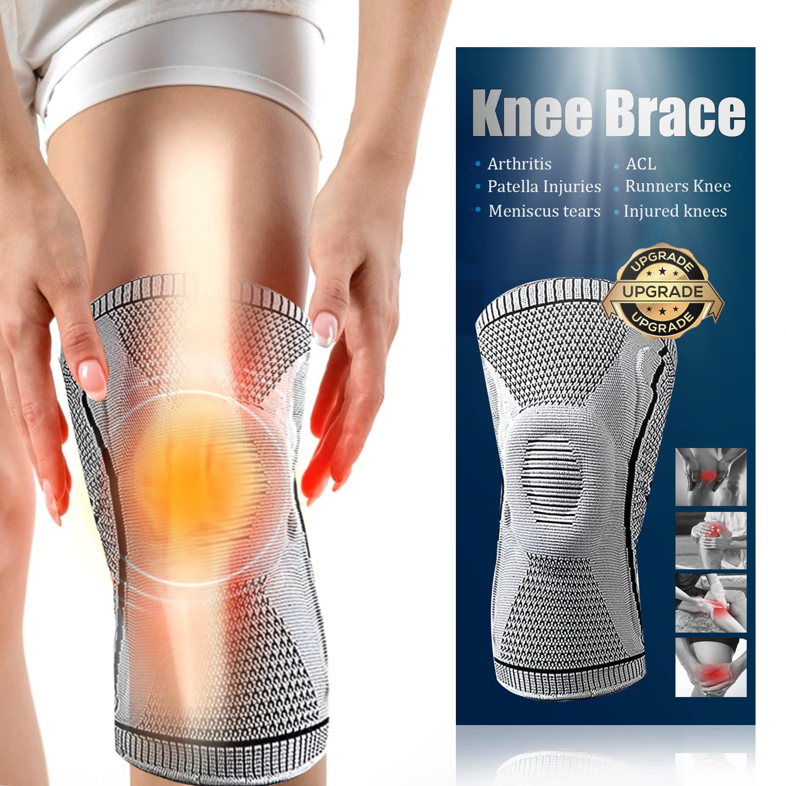 Powerful Knee Brace, Improved Knee Compression Sleeve Support for relieve joint pain and arthritis,running,improve circulation,exercise, fitness Knee Sleeve,men & women (Grey, M)