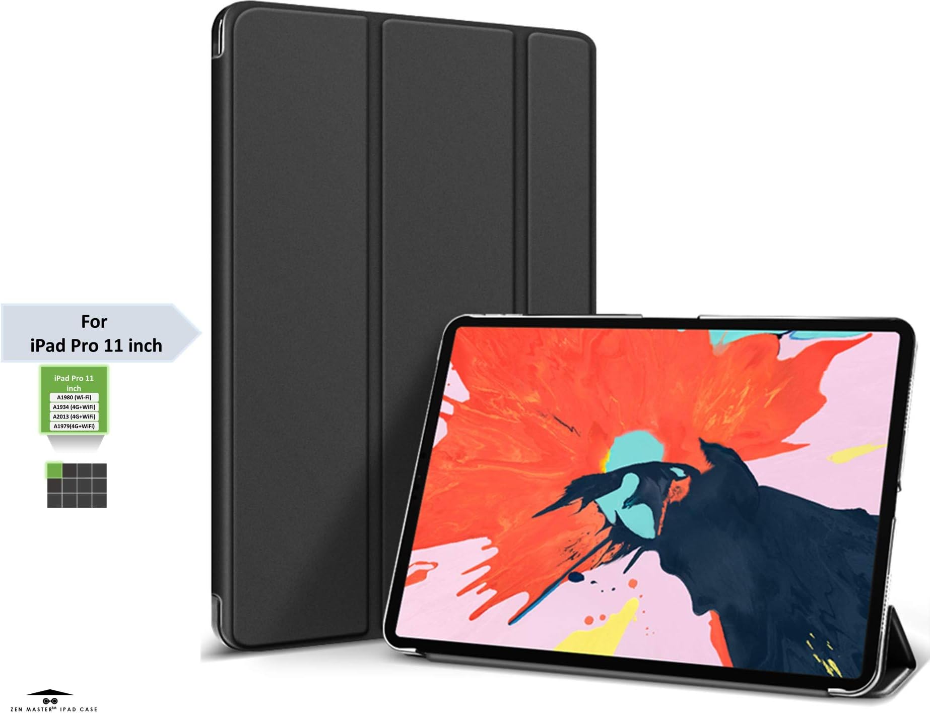 Zen Master PU Leather Trifold Case with Auto Sleep/Wake for Apple 11 inch iPad Pro 2018 Model A1980, A1934, A2013, A1979 (Black)