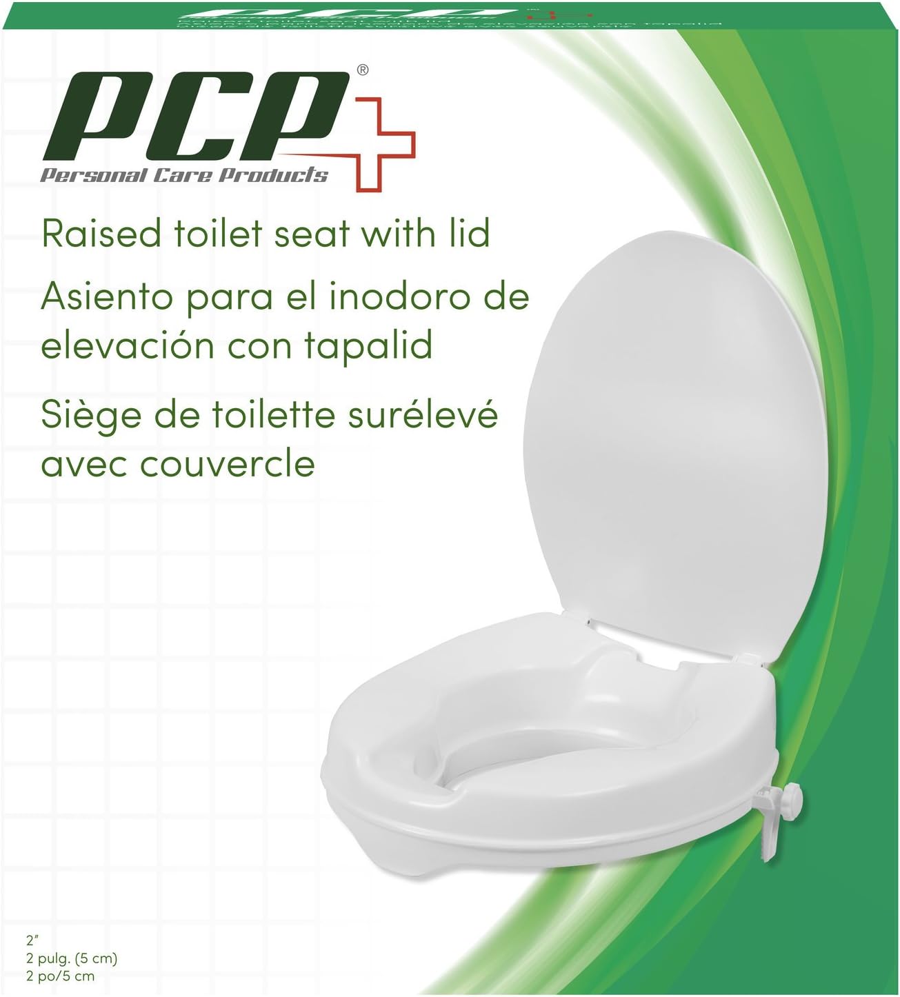 PCP 2-Inch Raised Standard Toilet Seat, Increase Height Over Commode, Low Profile Elevated, Includes Lid, Tightening Stability Safety Clamps: Health & Personal Care