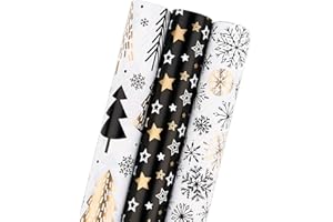 MAYPLUSS Wrapping Paper Roll - Mini Roll - 17 inch X 120 inch Per roll - 3 Different Christmas Black Gold Design (42.3 sq.ft.ttl)