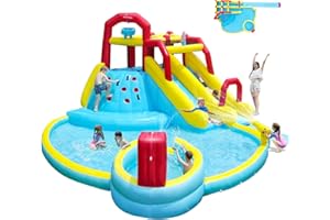 ELEMARA 7-in-1 Inflatable Water Park with 2 Long Slides, Climbing Wall, Splash Pool & Water Cannon – Heavy-Duty 840D Oxford B