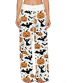 Women Halloween Pajamas Pants Cute Pumpkin Print Wide Leg Drawstring Palazzo Lounge Pants Party Sleepwear