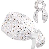 CRFGBSF Scrub Caps Women Ponytail, Surgical Caps with Bouffant Scrunchie, Adjustable Scrub Hats for Nurse Long Hair, Seamless Floral Rustic Stripe Leaves Flowers Multicoloured