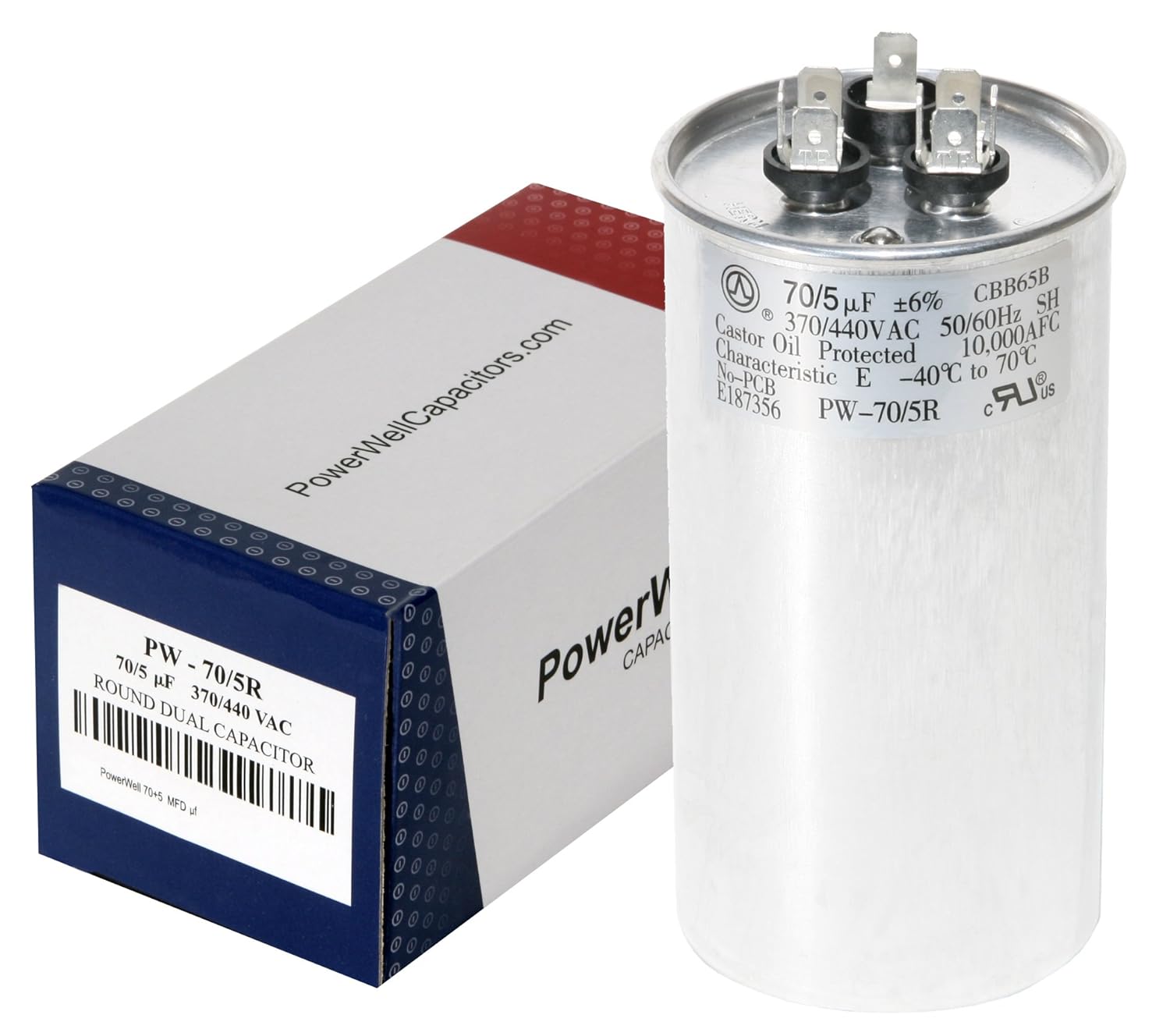 PowerWell 70+5 MFD uf Micro Farad 370 or 440 Volt Dual Run Round Capacitor PW-CAP-70/5/370-440V for Condenser Straight Cool or Heat Pump Air Conditioner