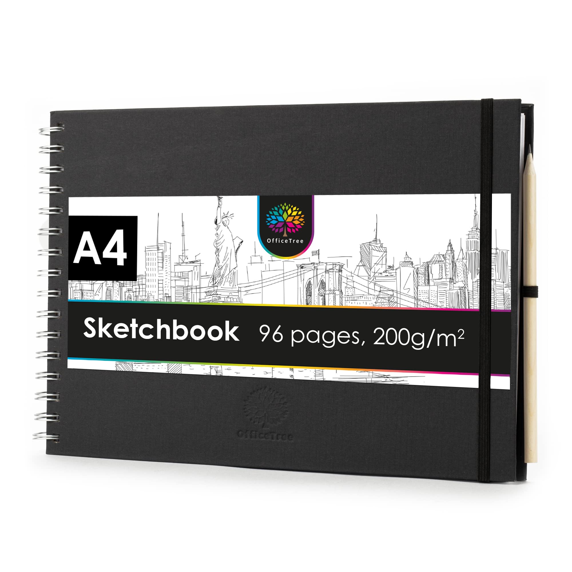 OfficeTree Sketch Book A4 Spiral Bound - Landscape Sketchbook - 96 Pages 48 Sheets - Sketchbook A4 200gsm - White Blank Paper - Watercolour Sketchbook - Art Sketch Book Includes Pencil