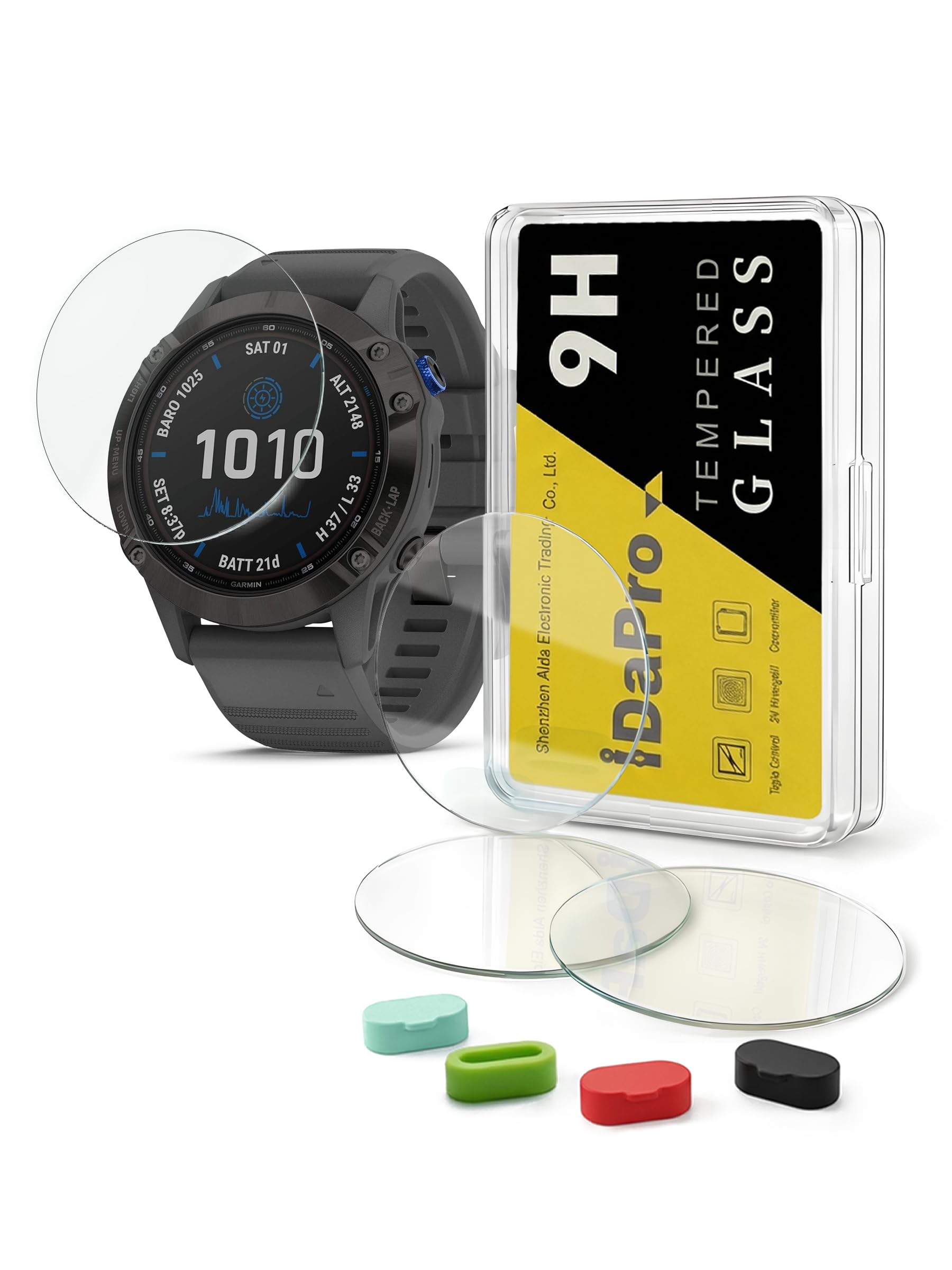 iDaPro [4 Pack] Screen Protector for Garmin fenix 6/6 Pro Multisport GPS 47mm Watch + Silicone Anti-dust Plugs, Tempered Glass Anti-Scratch Bubble-Free