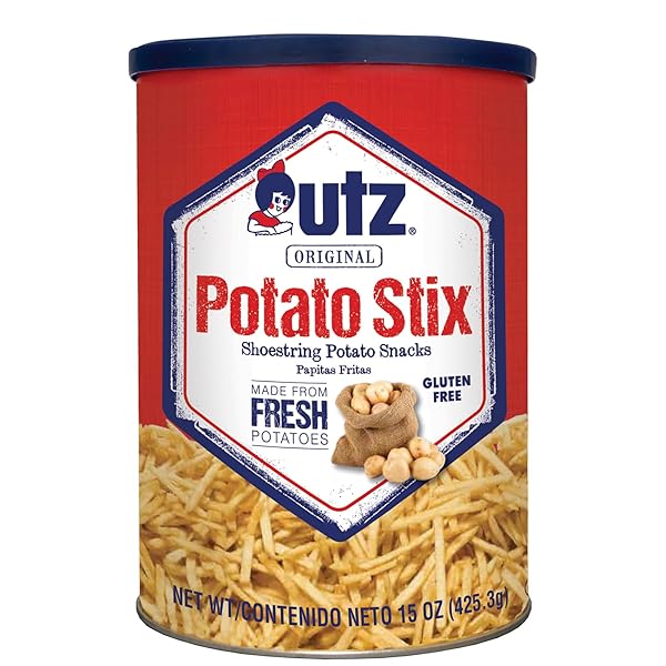 UTZ POTATO STIX, ORIGINAL – 15 OZ. CANISTER – SHOESTRING POTATO STICKS MADE FROM FRESH POTATOES, CRISPY, CRUNCHY SNACKS IN RESEALABLE CONTAINER, CHOLESTEROL FREE, TRANS-FAT FREE, GLUTEN-FREE SNACKS