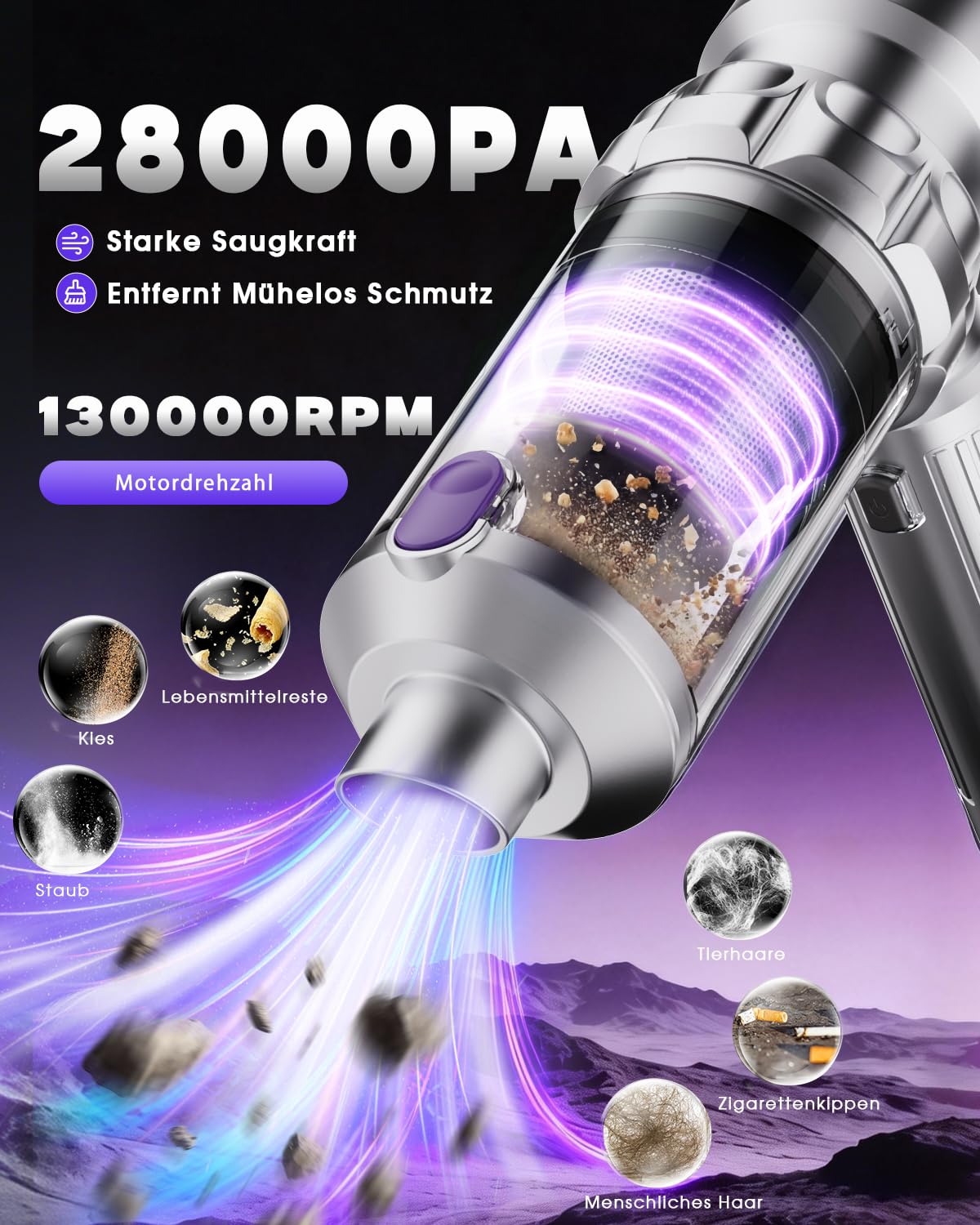 Ortiny Handstaubsauger Akku, 28000PA Autostaubsauger Kabellos, Bürstenloser Motor, Großer Staubbehälter mit EIN-Knopf-Entleerung, 4 in 1 Mini Staubsauger mit Schlauch für Auto, Tierhaare, PC, Haus 2