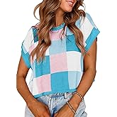 YEXIPO Womens Cap Sleeve Crop Tops Summer Color Block Crew Neck Lightweight Casual Knit Pullover Sweaters Trendy T Shirts