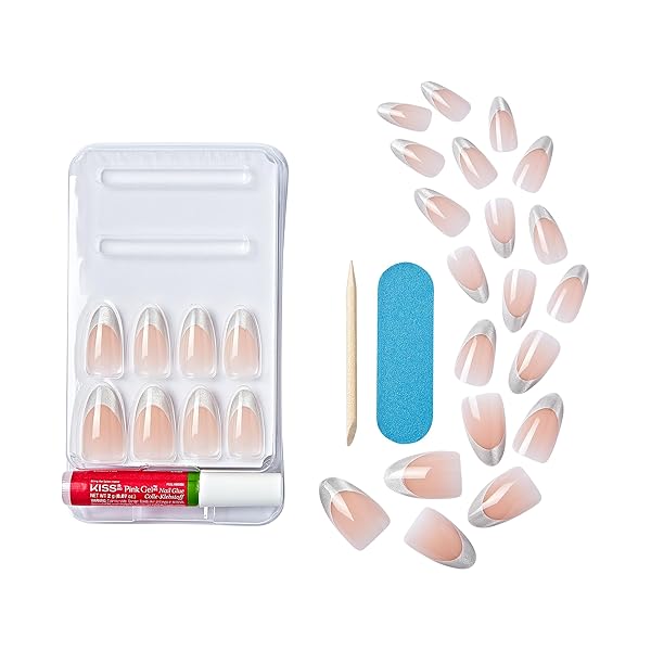 KISS GEL FANTASY, PRESS-ON NAILS, NAIL GLUE INCLUDED, ‘NORTH COAST’, LIGHT SILVER, MEDIUM SIZE, ALMOND SHAPE, INCLUDES 28 NAILS, 2G GLUE, 1 MANICURE STICK, 1 MINI FILE