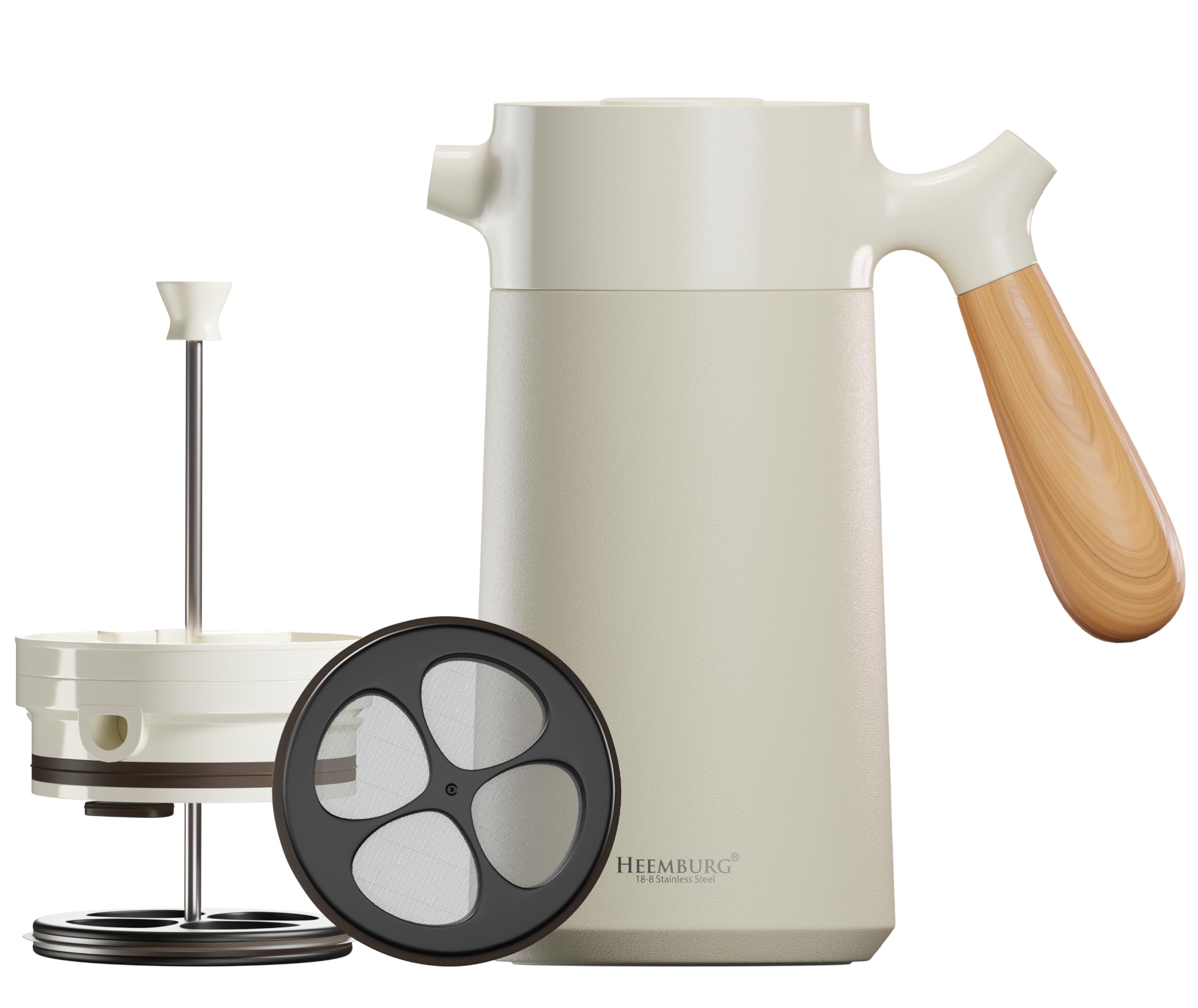 Heemburg French Press Coffee Maker Cafetiere Thermo Double Wall Insulated Vacuum Stainless Steel Manual Brewer (White)