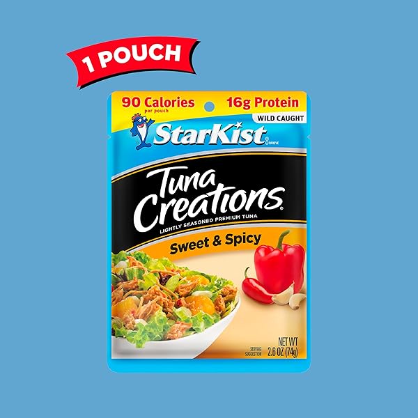 STARKIST TUNA CREATIONS SWEET AND SPICY, 2.6 OZ POUCH (1 PACK) READY TO EAT WILD CAUGHT TUNA, 16G PROTEIN, 90 CALORIES PER SERVING, GLUTEN FREE, SOY FREE, KOSHER, PERFECT FOR SALADS, MEALS AND SNACKS