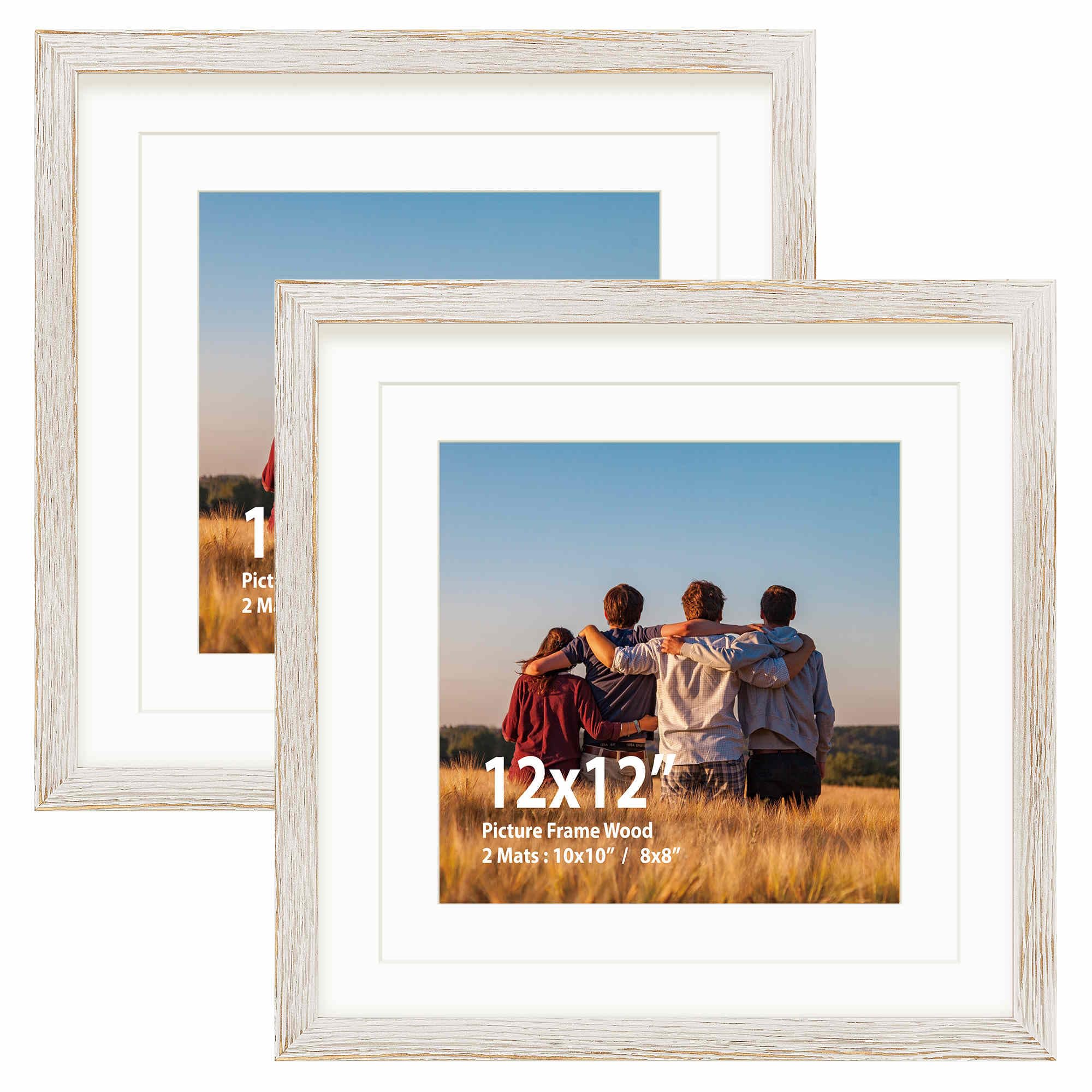 Photo 1 of 12x12 Picture Frame Set,Solid Wood,Not Glass,Display Pictures 8x8,10x10 with Mat or 12x12 Without Mat,Stable Sturdy Hanging Picture Frames for Wall Mounting or Tabletop (White Brown,12x12,Set of 2)