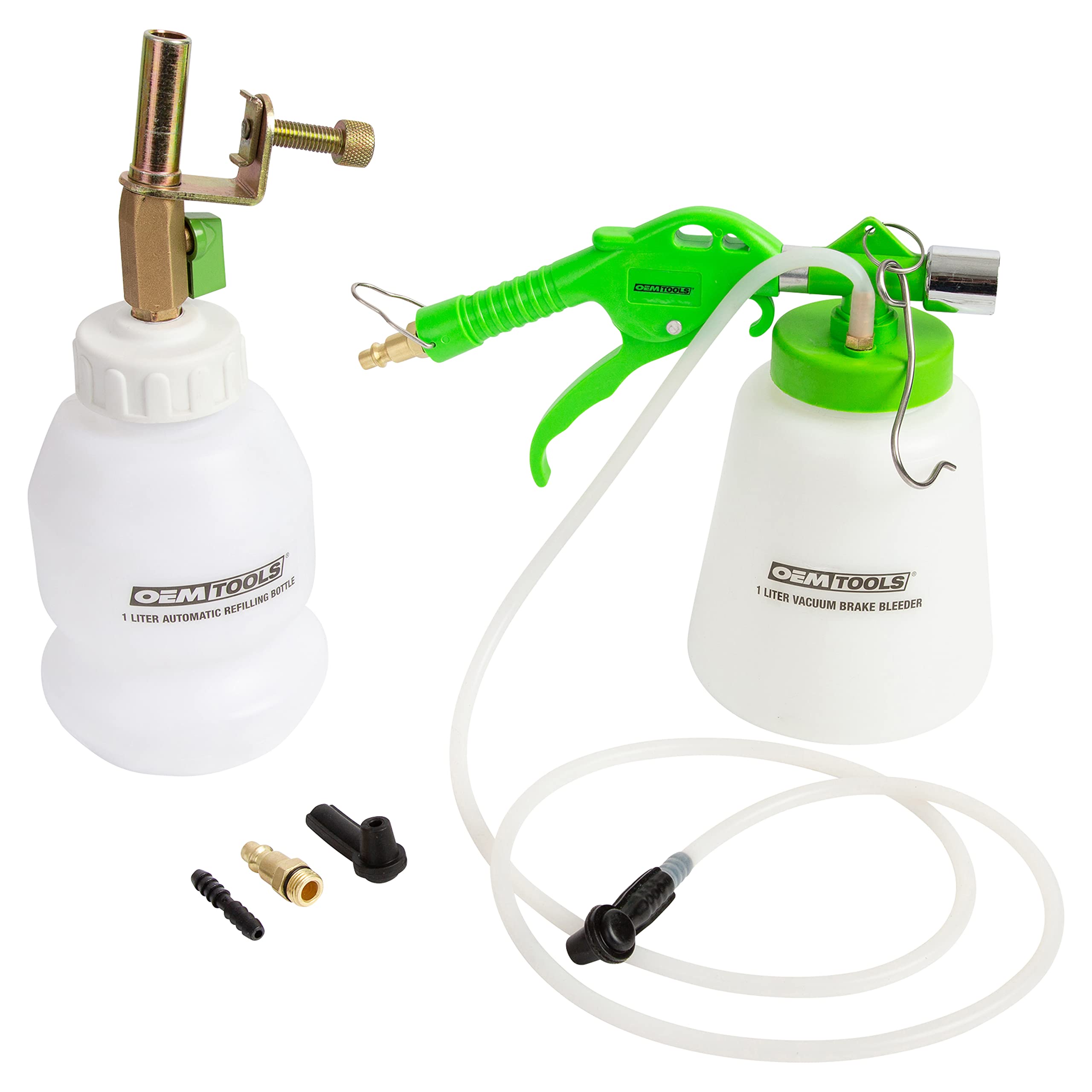 Photo 1 of OEMTOOLS 22505 1L Pneumatic Brake Bleeder Kit with Refill Bottle, Single-Person Brake Fluid Bleeder Kit, Use for Disc and Drum Brakes, Universal Rubber Fitting, Uses Standard Workshop Air Supply