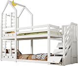 Jtyca Kids Bunk Bed with Storage, Solid Pine, Twin Sleeper, White view 7