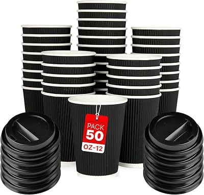 Zuvo 12oz Disposable Coffee Cups with Lids Pack of 50 Black Insulated