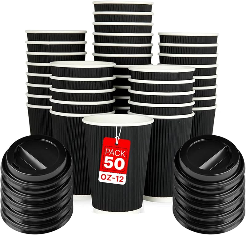 Zuvo 12oz Disposable Coffee Cups with Lids Pack of 50 Black Insulated