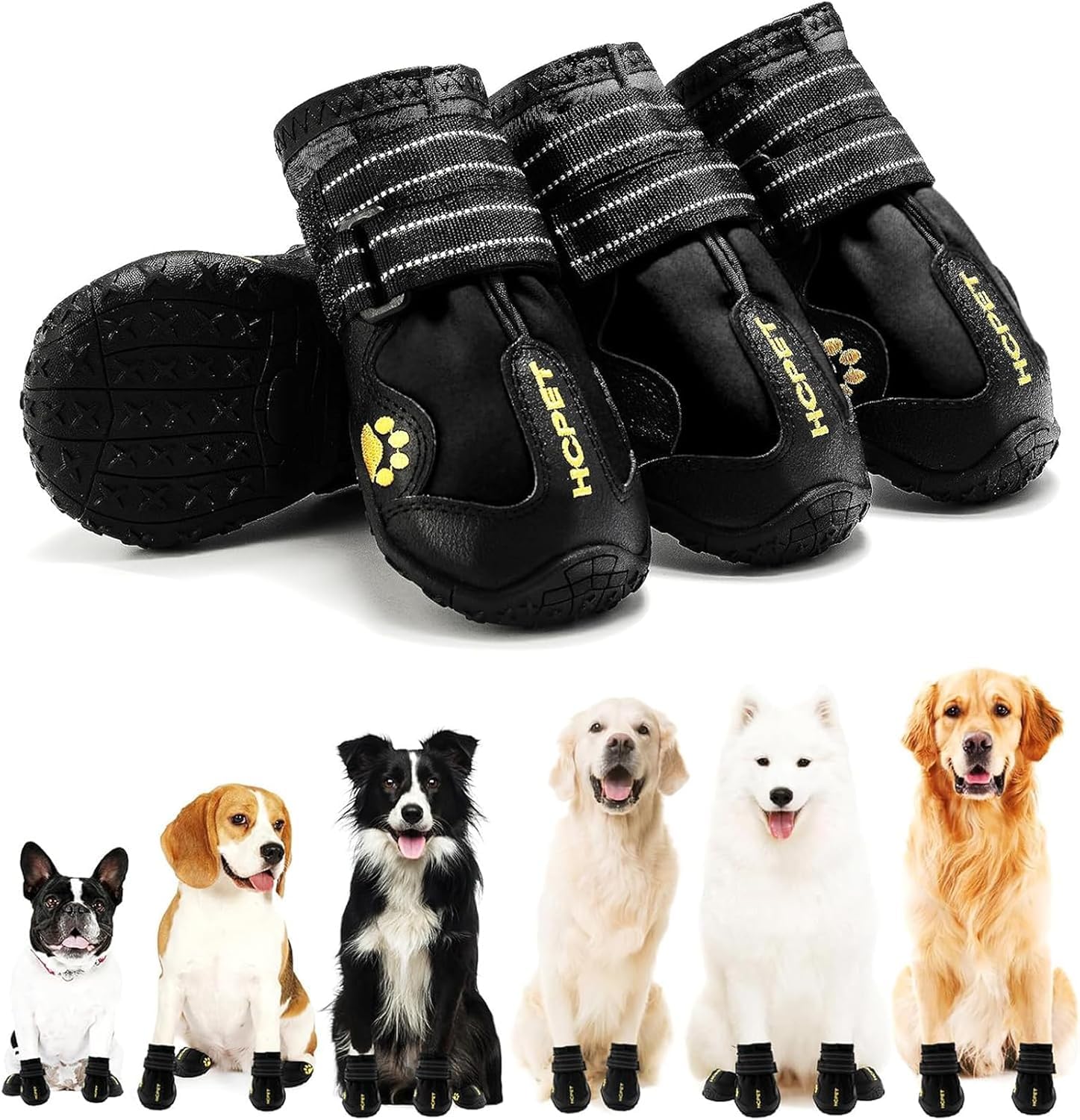 Hcpet Dog Boots Waterproof Dog Shoes with Reflective Straps, Puppy Shoes for Small Medium Large Dog Outdoor Paw Protectors 4Pcs