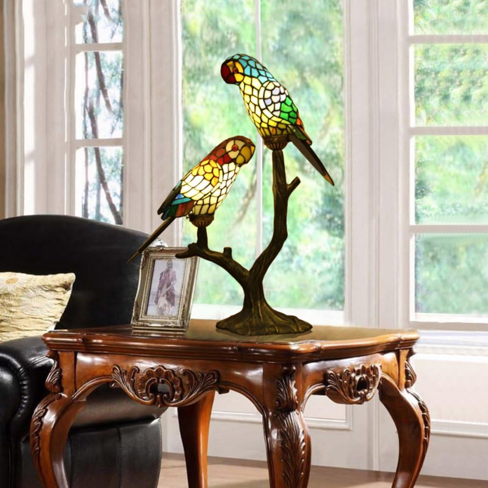 Tiffany-Style Table lamp/Parrot Shape Stained Glass Table lamp/Vintage Bedside lamp-A
