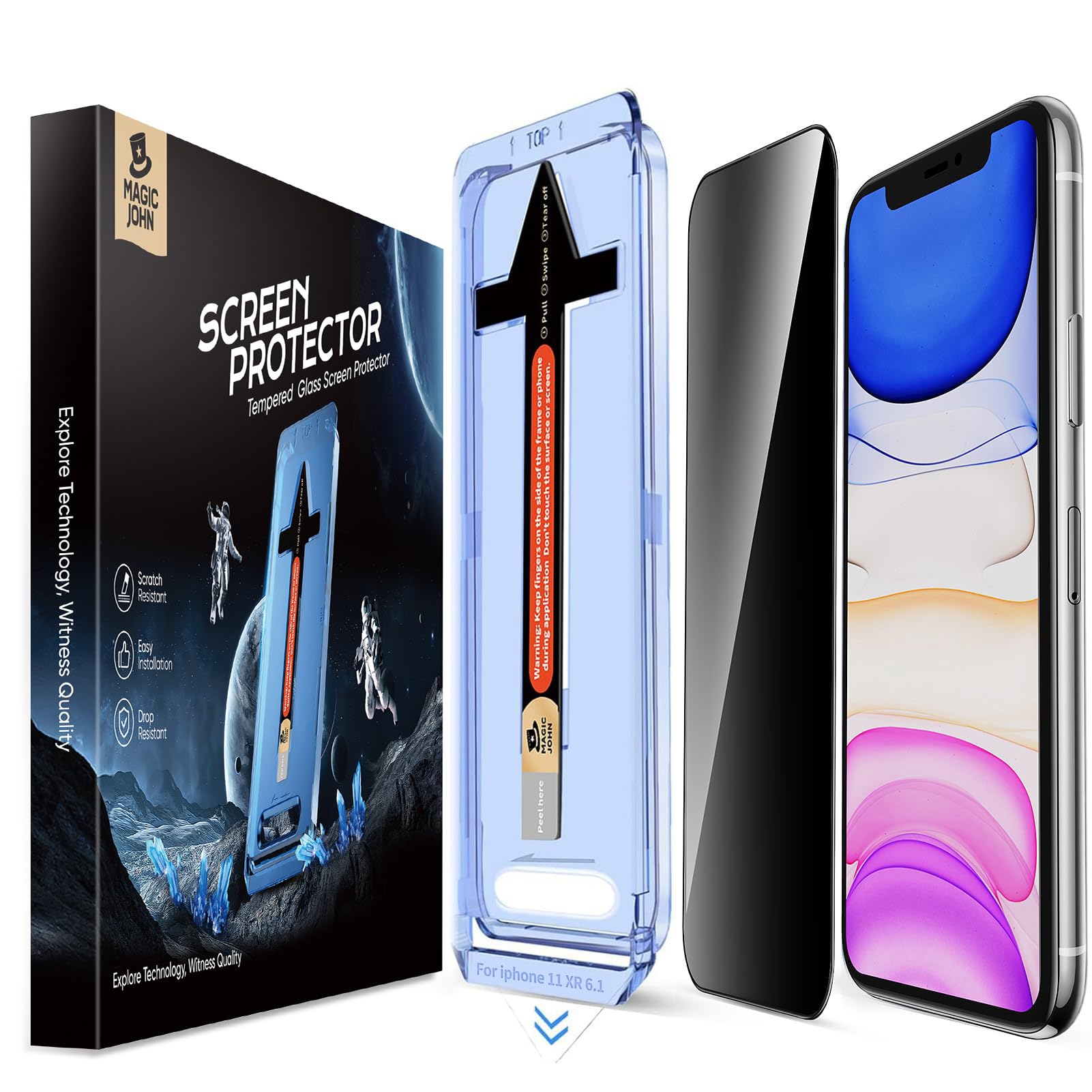 MAGIC JOHN 2 Pack for iPhone 11/iPhone XR 6.1 inch Privacy Glass Screen Protector, Auto Dust-Elimination Installation, Bubble Free, HD Clear, Easy Installation