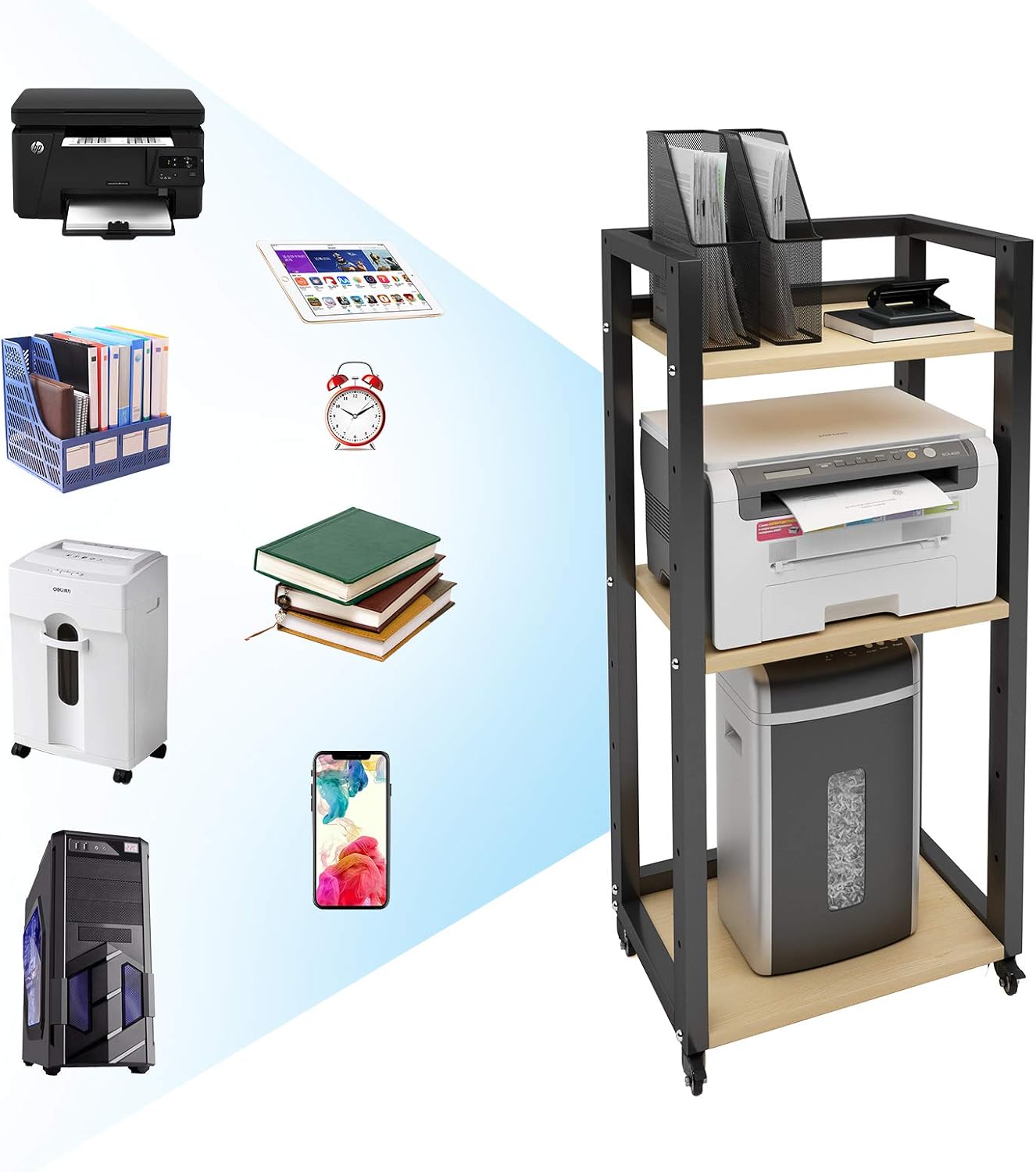 Natwind 3-Tier Floor-Standing Printer Stand with Wheels Host Stand Home Office Storage Shelf Document Organizer Table Large Size Multi-Purpose Shelf for Office(Black) : Office Products