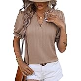 Dokotoo Womens Summer Short Puff Sleeves Blouses Shirts V Neck Cute Solid Knit Textured Casual Regular Fit Tops
