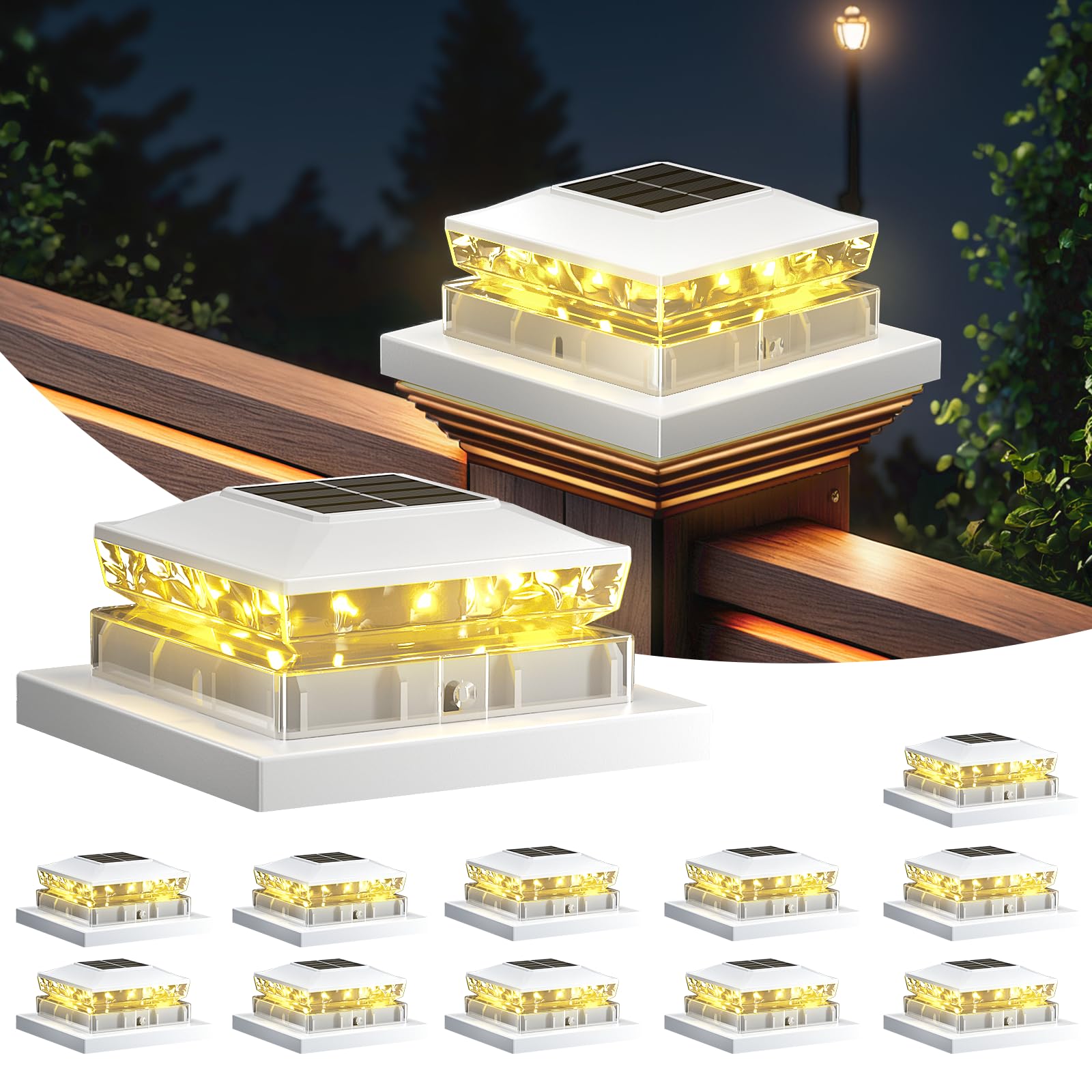 Photo 1 of 12 Pack Solar Post Cap Light,White Solar Powered Fence light, 4x4 IP65 Waterproof Outdoor Post Solar Lights for Garden & Patio Deck Lights for 3.5x3.5,4x4,5x5 Wood & Vinyl Posts Warm White Lighting