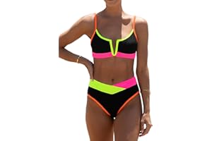 popvil Women's Sexy V Neck Bikini Sets High Waisted Bathing Suit Color Block Swimsuits