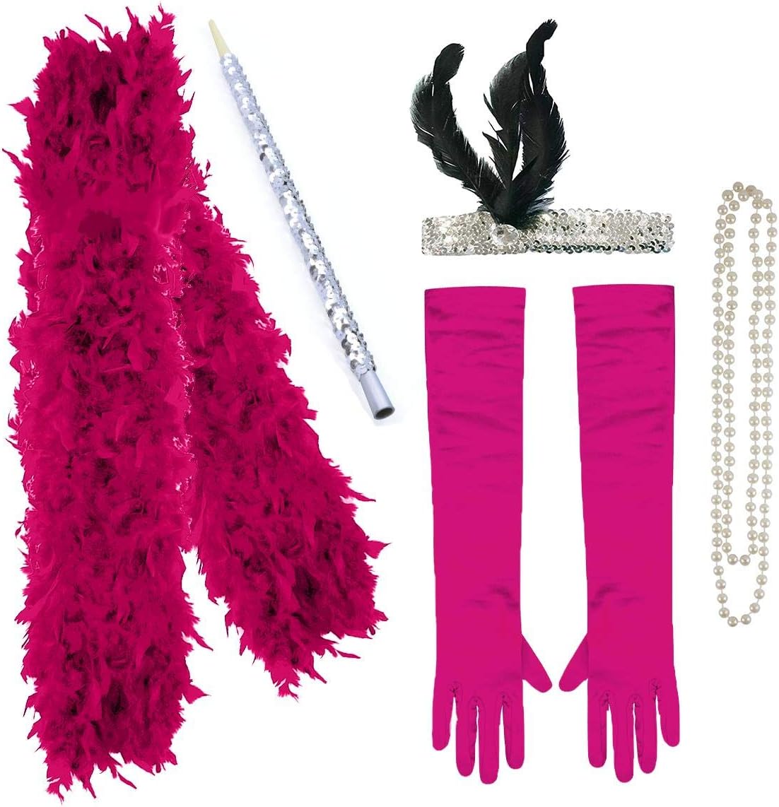 Paper UmbrellaFLAPPER 5 PIECE SET Ladies Charleston Fancy Dress 1920's (PINK)