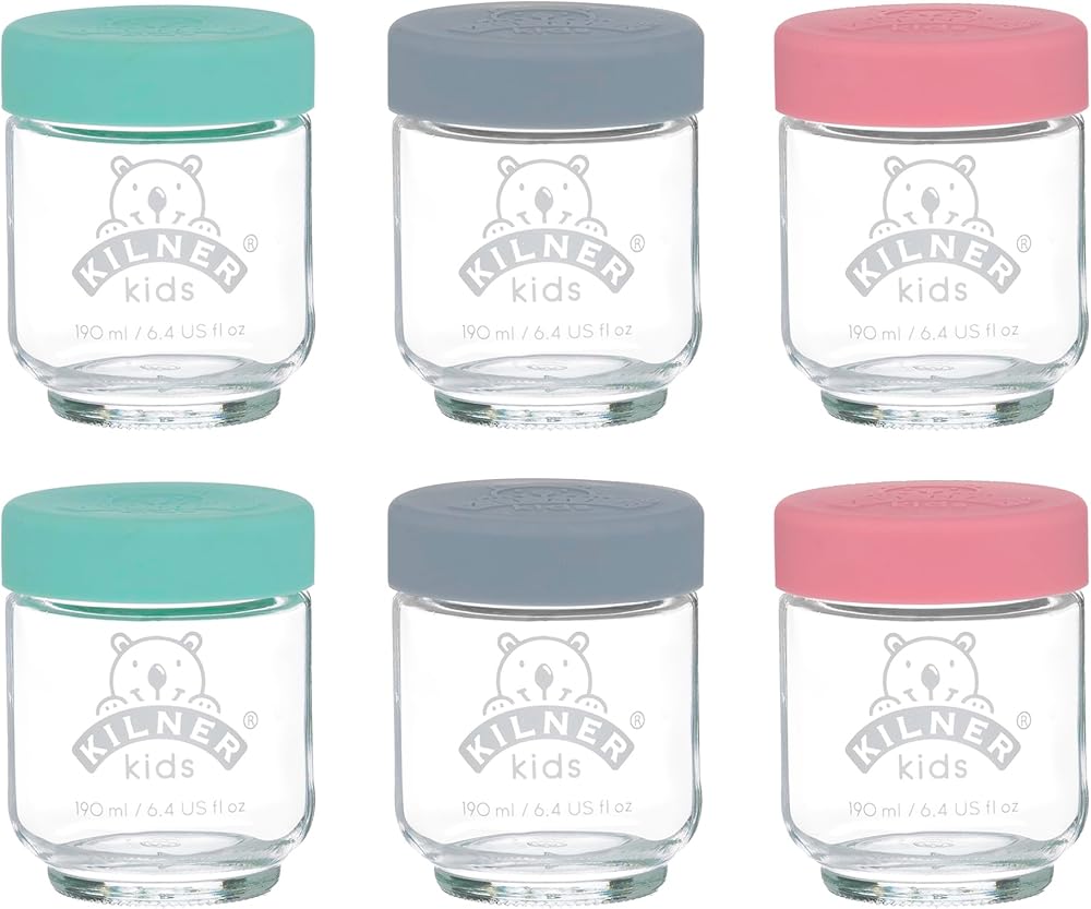 Kilner Kids Glass Baby Jars 6x190ml with Airtight Lids Purple Yellow Turquoise
