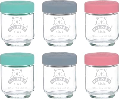 Kilner Kids Glass Baby Jars 6x190ml with Airtight Lids Purple Yellow Turquoise