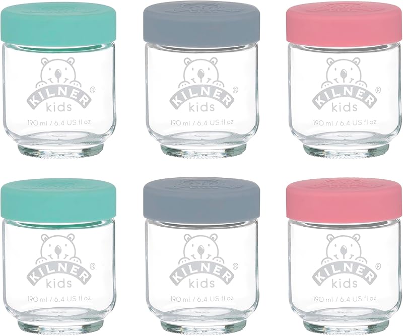 Kilner Kids Glass Baby Jars 6x190ml with Airtight Lids Purple Yellow Turquoise