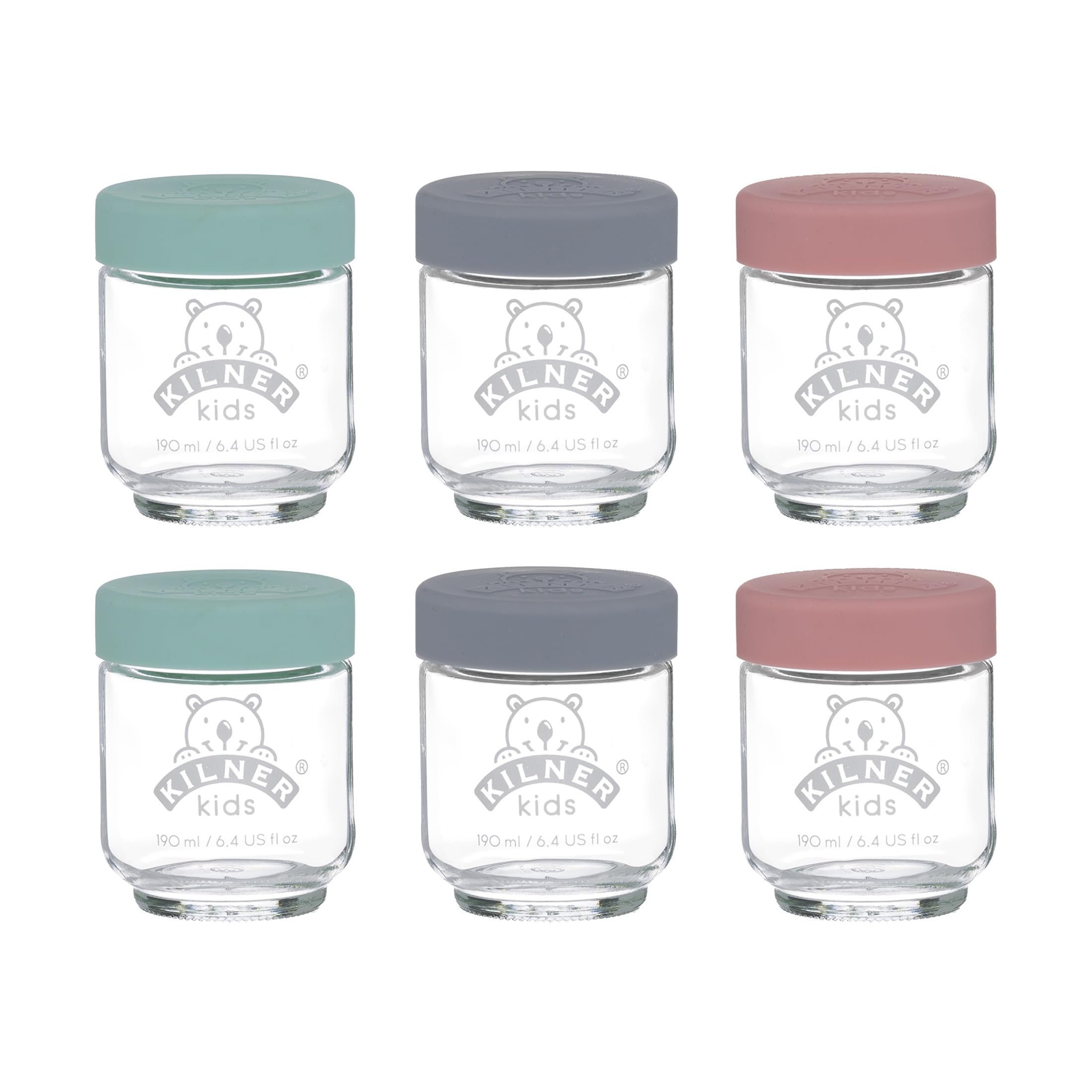 Kilner Kids Glass Baby Food Jars Set of 6 x 190ml Reusable Glass Jars with Airtight Silicone Lids in Purple, Yellow, and Turquoise Ideal for Homemade Purees, Batch Cooking and On-the-Go Storage