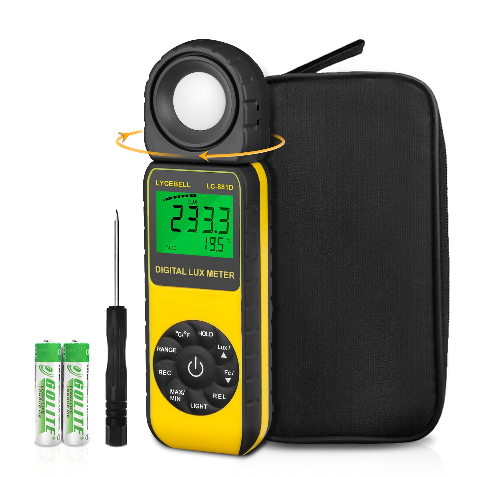 LYCEBELL Digital Illuminance Light Meter, LC-881D Foot Candles Luxmeter Range up to 400,000 Lux with 270º Rotated Date Hold Max/Min Backlit for Plant LED Light Outdoor