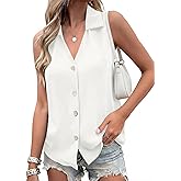 Vrtige Women's Casual Collar V Neck Button Down Sleeveless Tunic Blouse Shirt Tank Top