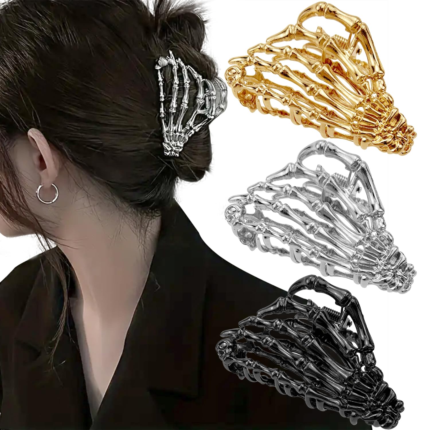 3 PCS Halloween Hair Clips,Metal Goth Hair Clips, Large Skull Fancy Jaw Clips Non-Slip Vintage Hair Clamps Hair Updo Grip Hair Accessories for Women Girls