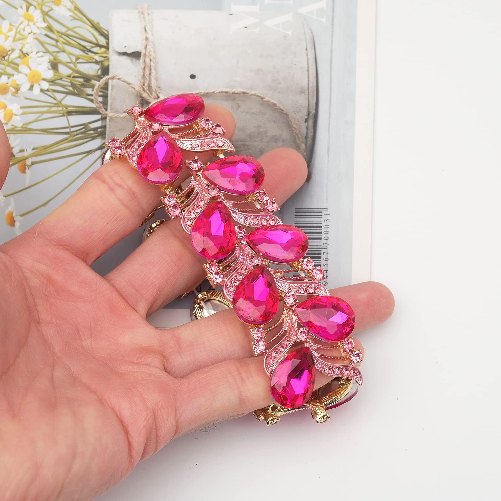 CSY Elegant Stretch Bangle Bracelets Bridal Art Deco Teardrop Crystal Elastic Wide Statement Bracelet for Women Party Prom