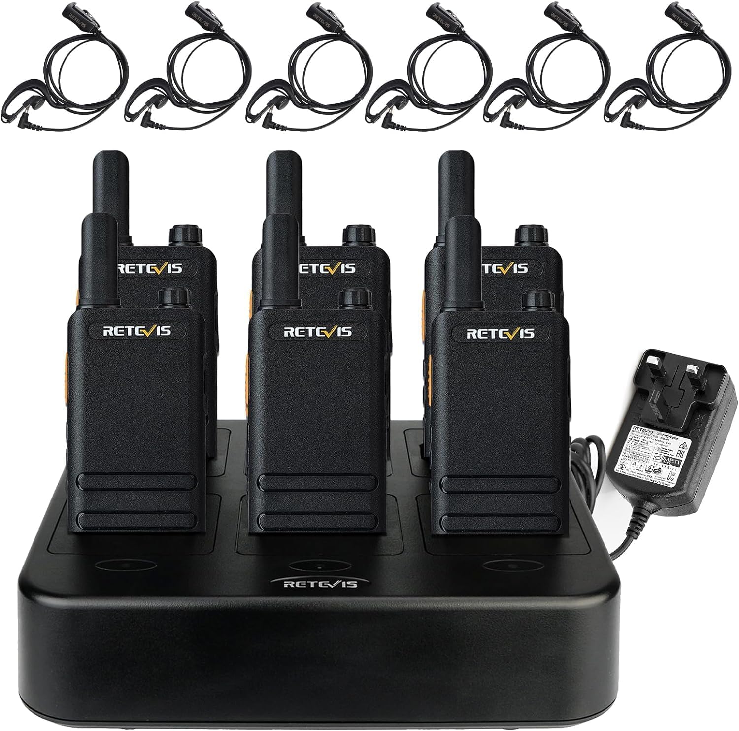 Retevis RT622P Walkie Talkies for Adults, Rechargeable 2 Way Radio with Earpiece, 1620mAh, USB-C, 15mm, VOX, PMR446 2 Way Radios with 6 Way Charger for Retail, Hotel, Restaurant (6 Pack, Black)
