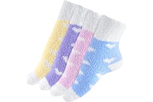 PLULON 4 Pairs Fuzzy Socks Women Non Slip Socks Winter Warm Cozy Sleep Slipper Hospital Fluffy Socks Grips Home Christmas