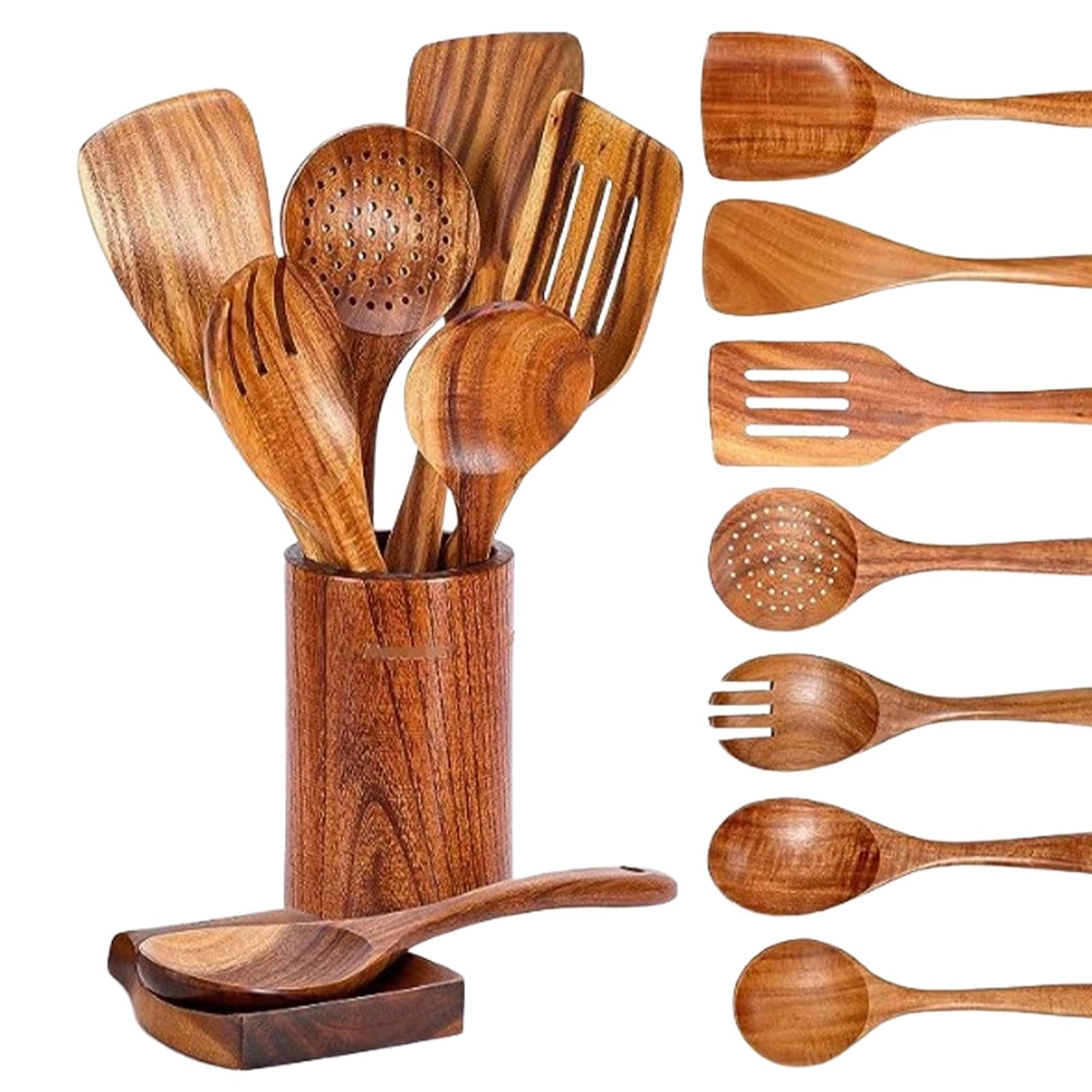 Photo 1 of KEJJRIUTN Wooden Kitchen Utensil Set, 9-Piece Cooking Tools with Holder and Spoon Rest, Wooden Spoons for Cooking