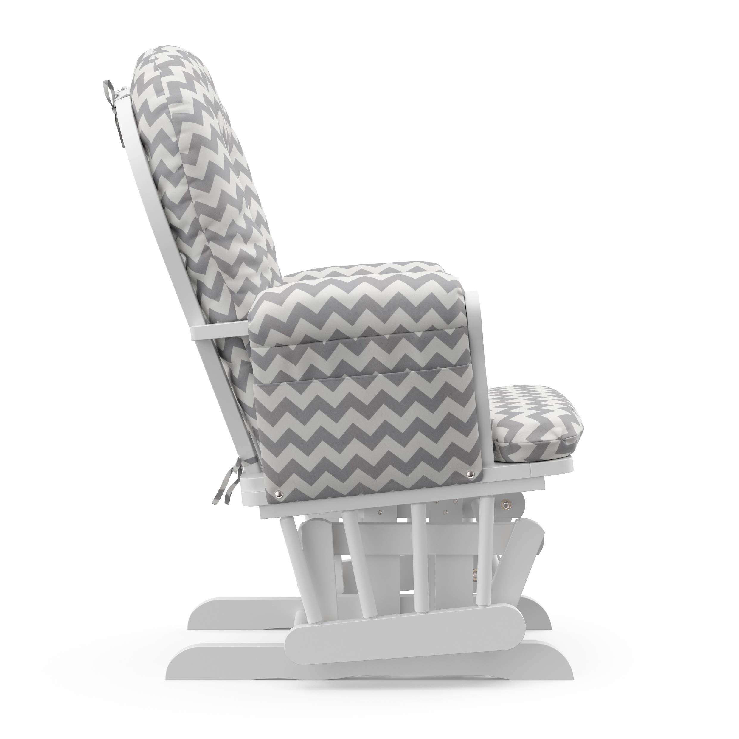 Storkcraft Premium Hoop Glider and Ottoman (White Base, Gray Chevron Cushion) – Padded Cushions with Storage Pocket, Smooth Rocking Motion, Easy to Assemble, Solid Hardwood Base