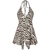 Milumia Women's Zebra Print Halter Top Y2k Deep V Neck Sleeveless Ruffle Hem Cami Tops