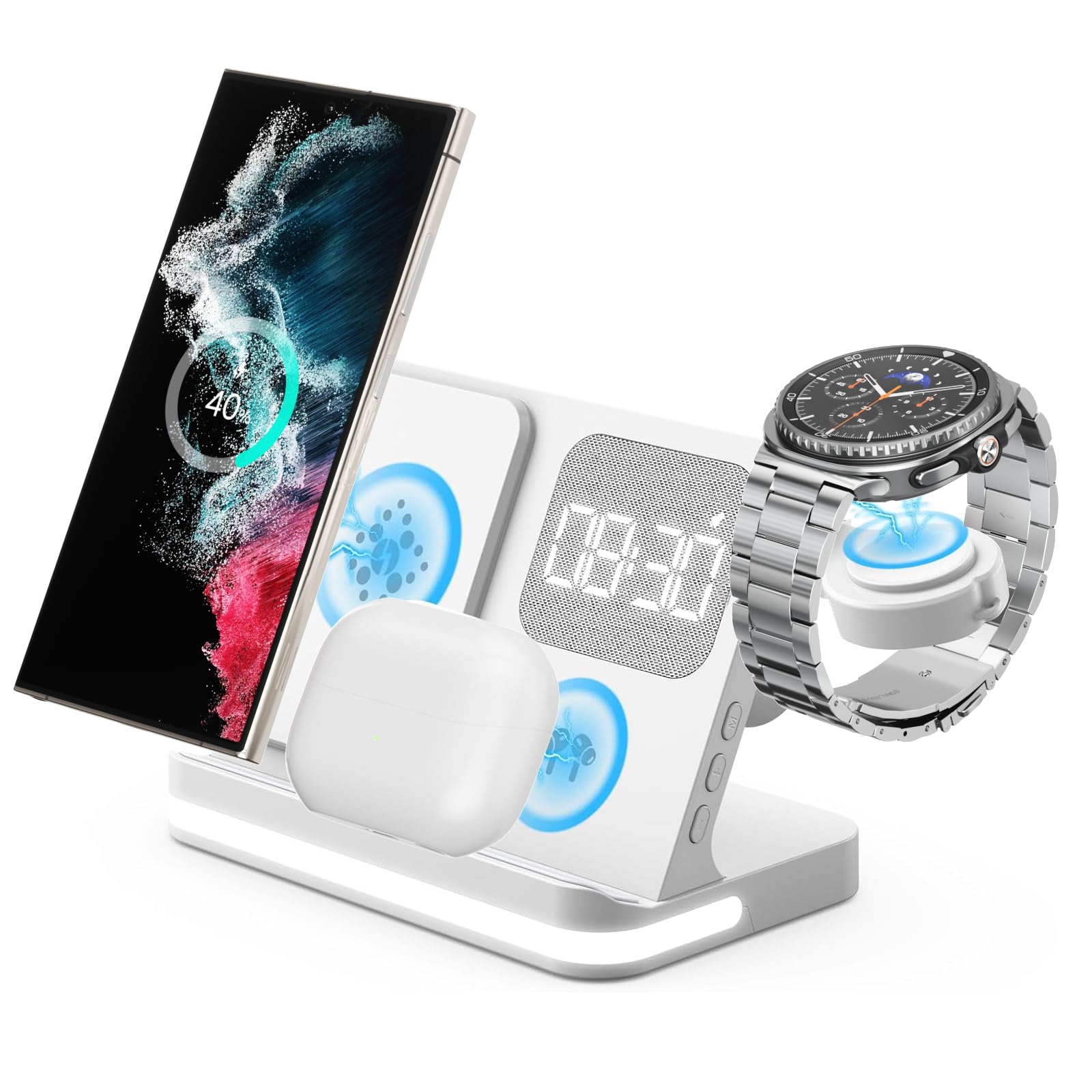 Photo 1 of 4 in 1 Wireless Charger with Alarm Clock Compatible for Galaxy Watch 8/7/Ultra/FE/6 Pro Galaxy S25/Ultra/S25+/S24/S23/Note 20/Z Flip 7/6/5 Fold 6 Galaxy Buds 3/2/Pro Multiple Devices Charging Station
