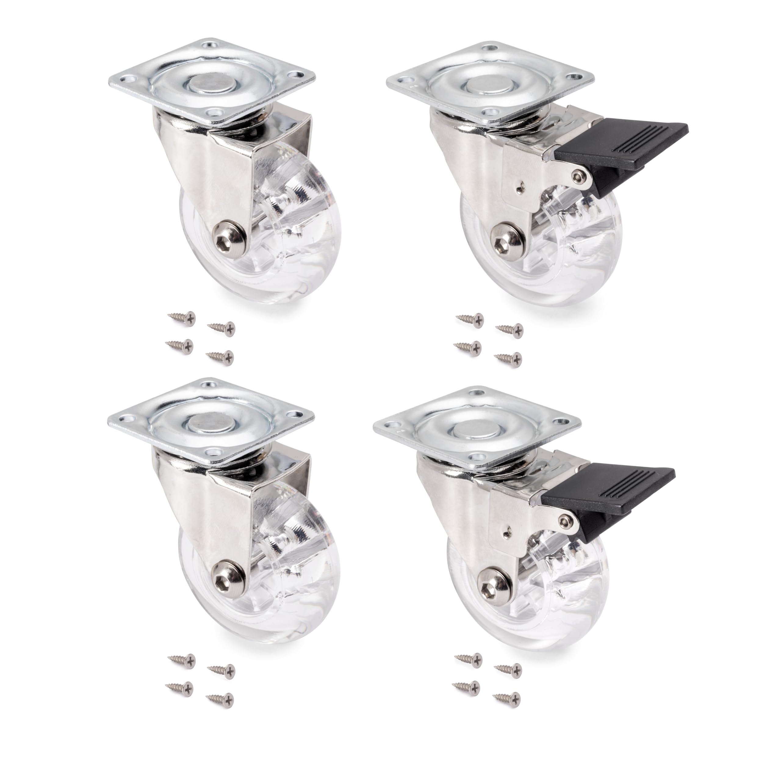 Emuca - Pack of 4 transparent swivel castors for furniture (2 with brake and 2 without brake) 50mm (1,96 inch) diameter with fixing plate and ball bearings
