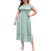 Keluummi Plus Size Summer Maxi Dresses for Curvy Women, Casual Floral Off Shoulder Long Church Sundress with Empire Waist